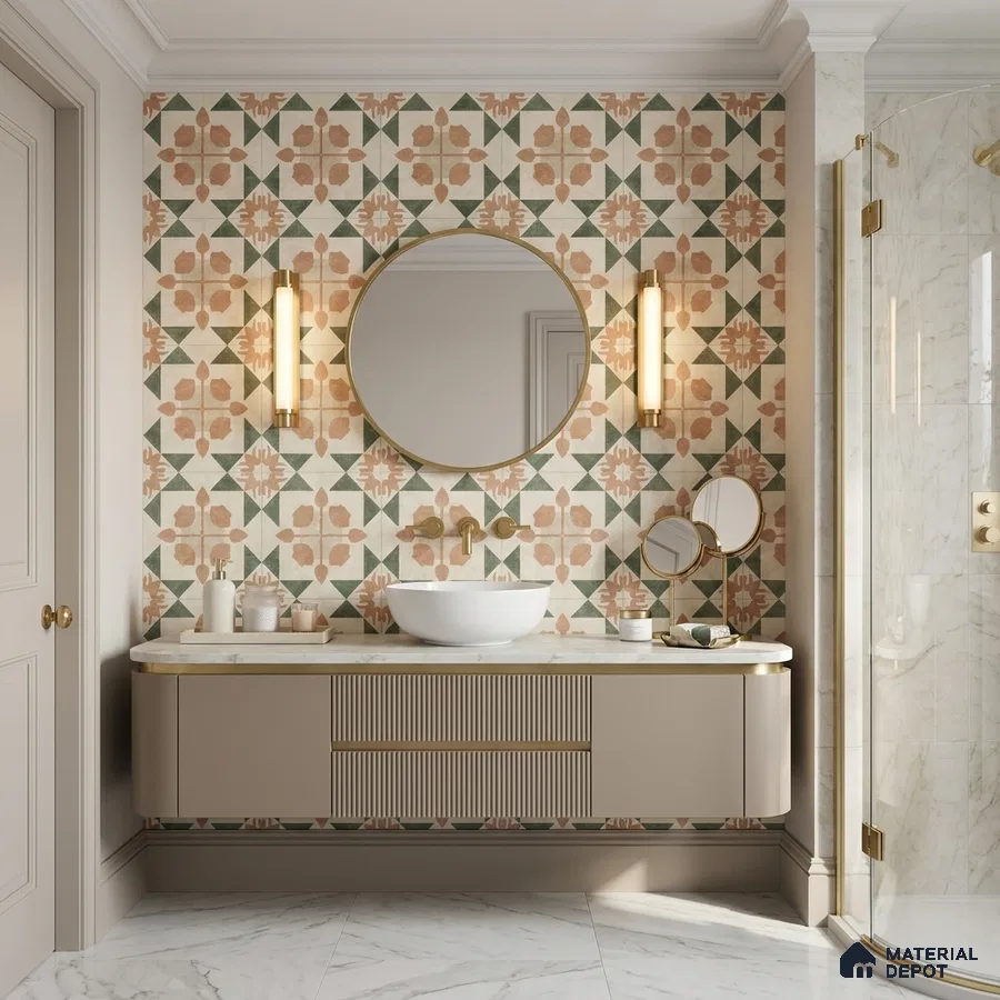 Modern Bathroom with Terracotta and Green Geometric Pattern Wall Tile