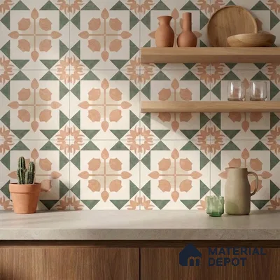 Mediterranean Kitchen with Terracotta and Green Geometric Pattern Backsplash Tile