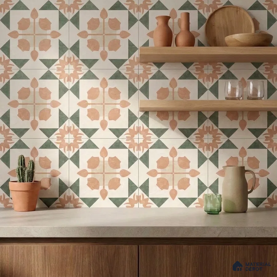 Mediterranean Kitchen with Terracotta and Green Geometric Pattern Backsplash Tile