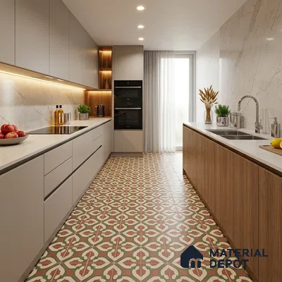 Modern Kitchen with Terracotta and Green Geometric Pattern Floor Tile