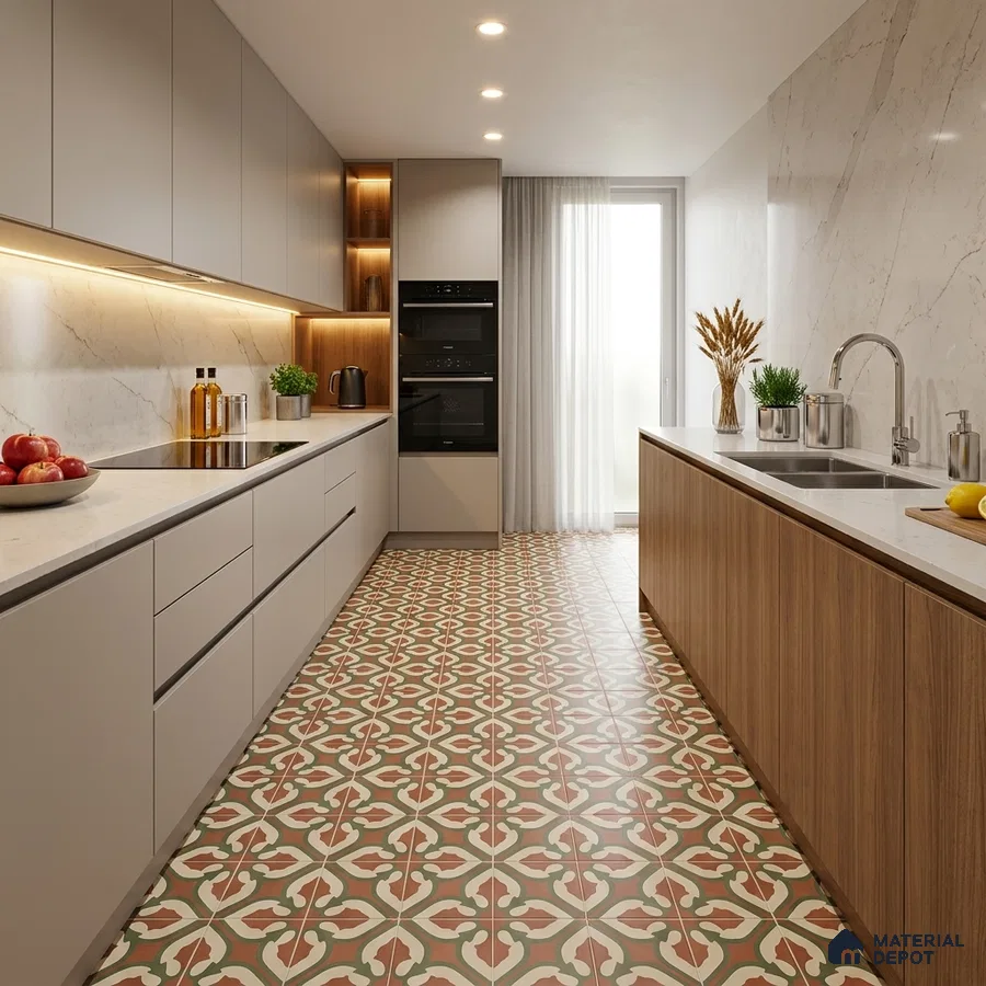 Modern Kitchen with Terracotta and Green Geometric Pattern Floor Tile