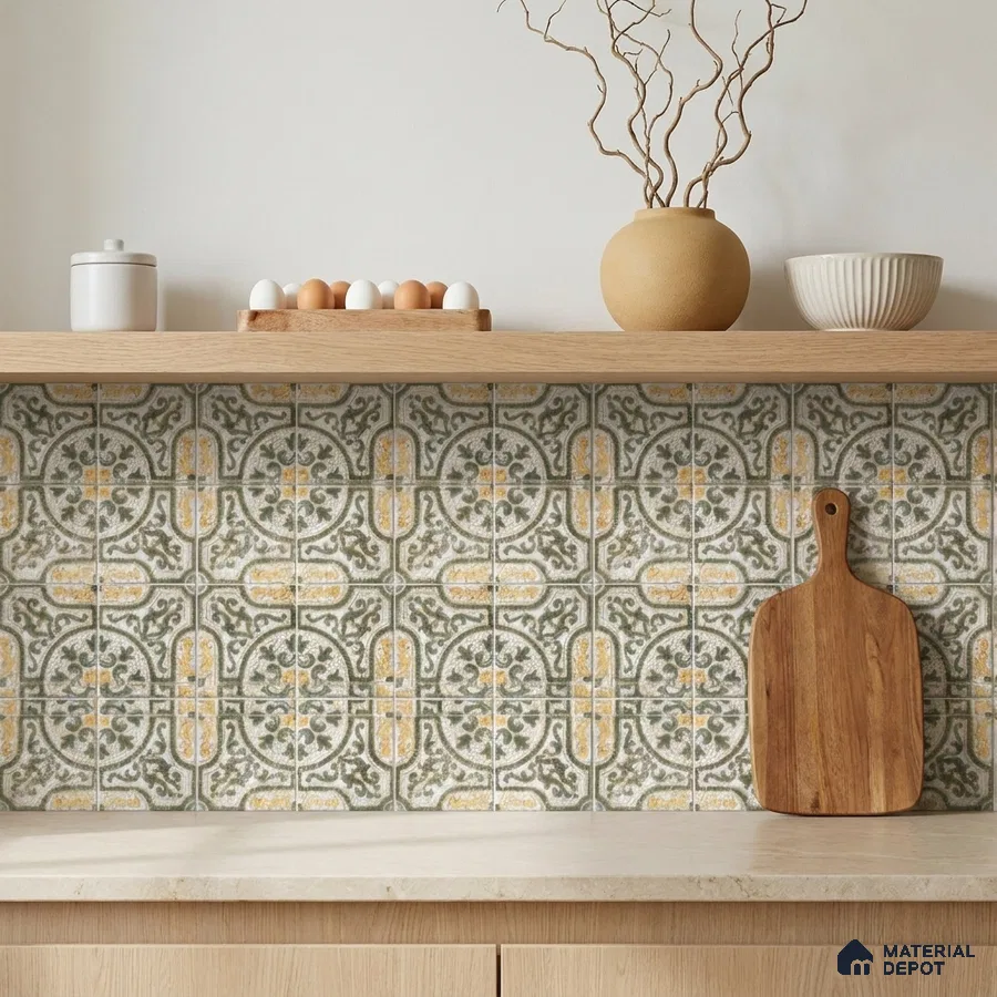 Mediterranean Kitchen with Green and Ochre Vintage Ornate Backsplash Tile
