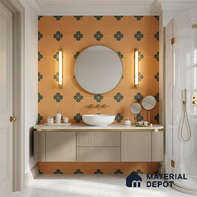 Mediterranean Bathroom with Terracotta Ochre Floral Patterned Tile and Brass Fixtures