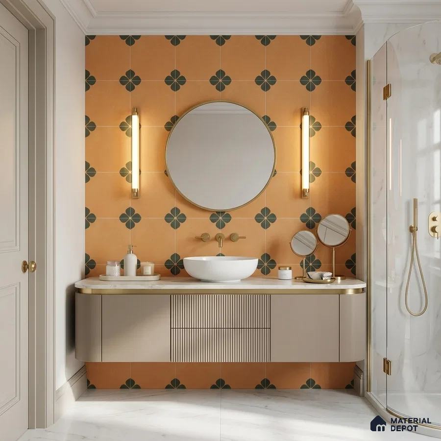 Mediterranean Bathroom with Terracotta Ochre Floral Patterned Tile and Brass Fixtures
