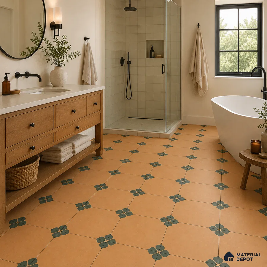Mediterranean Bathroom with Terracotta Ochre Floral Patterned Floor Tile and Oak Vanity