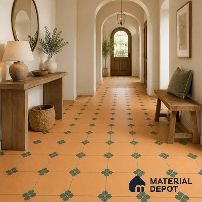 Mediterranean Foyer with Terracotta Ochre Floral Patterned Floor Tile