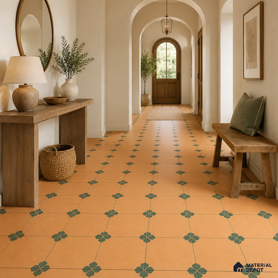 Mediterranean Foyer with Terracotta Ochre Floral Patterned Floor Tile