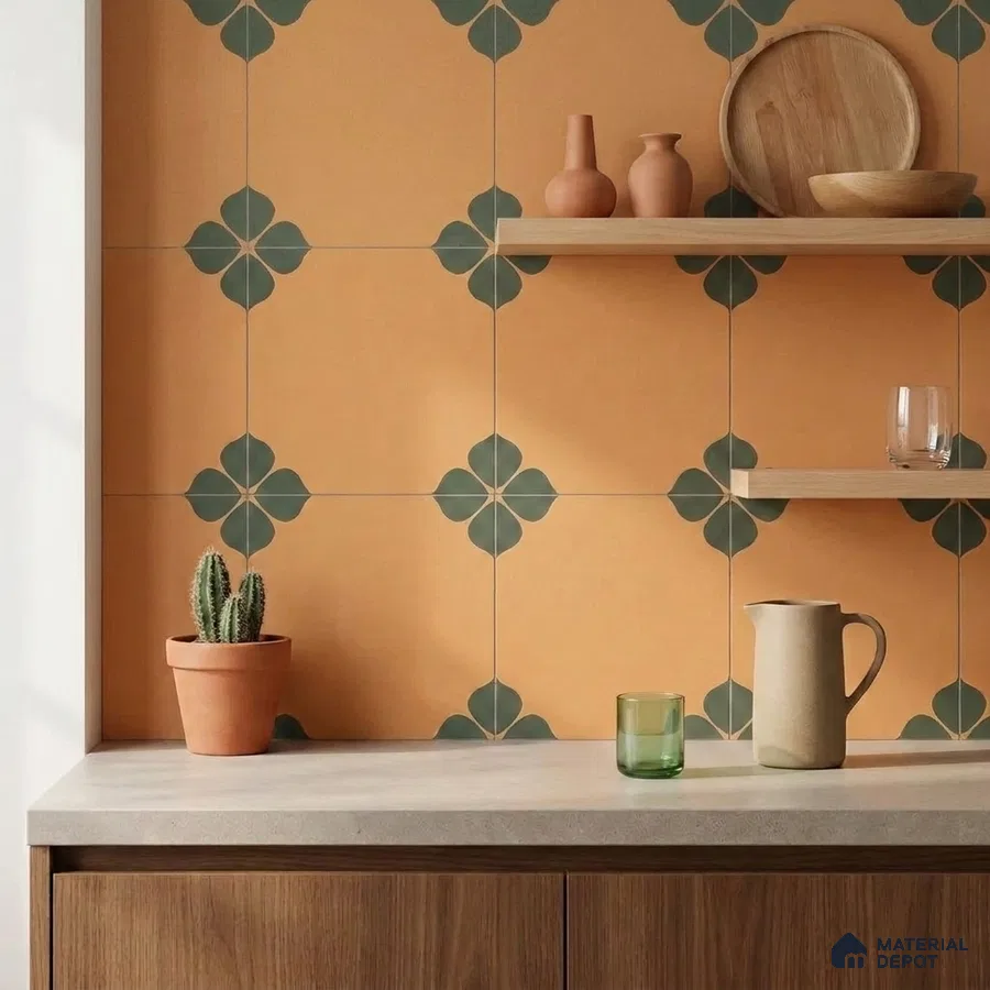 Mediterranean Kitchen with Terracotta Ochre Floral Patterned Backsplash Tile and Walnut Cabinets