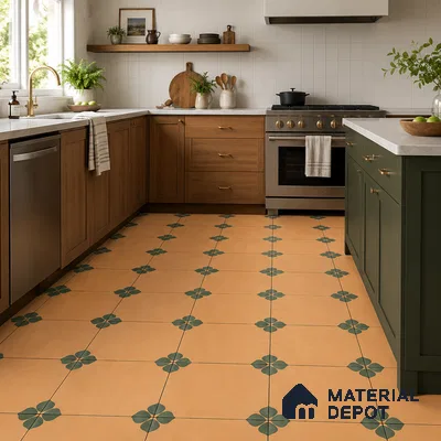 Mediterranean Kitchen with Terracotta Ochre Floral Patterned Floor Tile and Walnut Cabinets