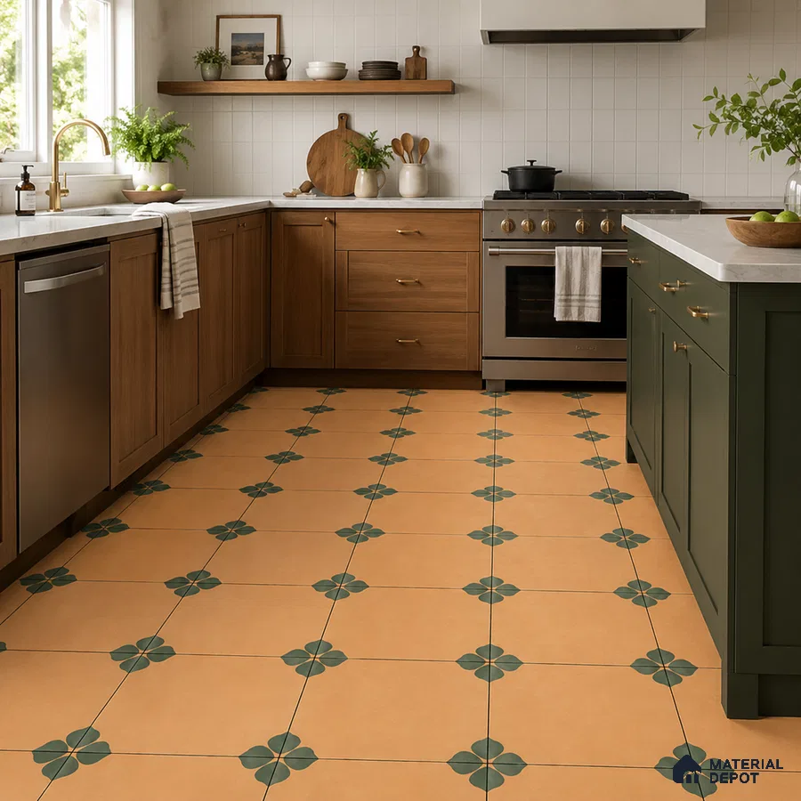 Mediterranean Kitchen with Terracotta Ochre Floral Patterned Floor Tile and Walnut Cabinets