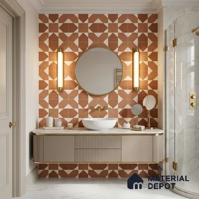Mediterranean Bathroom with Terracotta and Cream Geometric Patterned Tile and Brass Fixtures