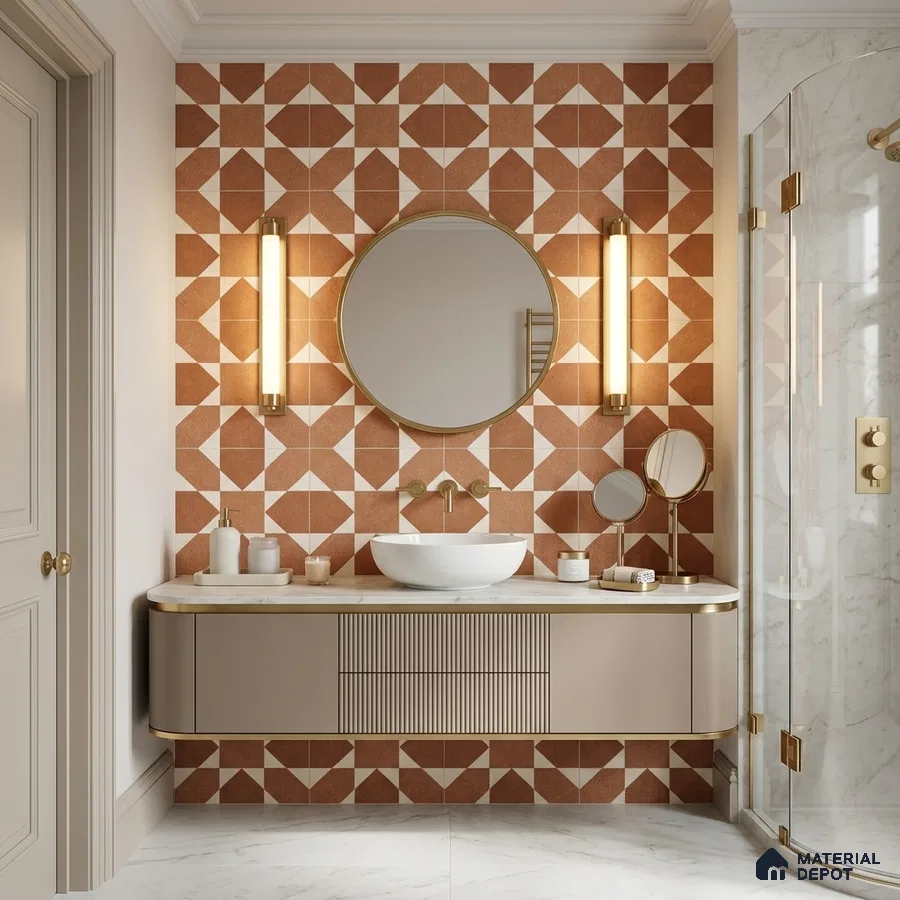 Mediterranean Bathroom with Terracotta and Cream Geometric Patterned Tile and Brass Fixtures
