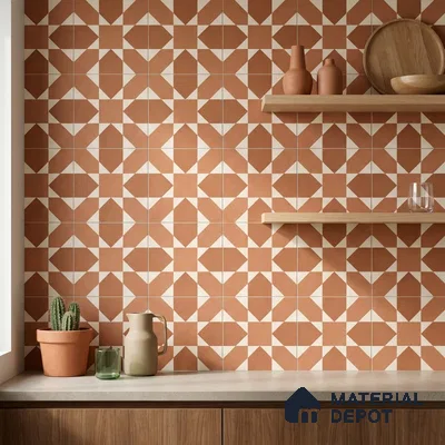 Mediterranean Kitchen with Terracotta and Cream Geometric Patterned Backsplash Tile