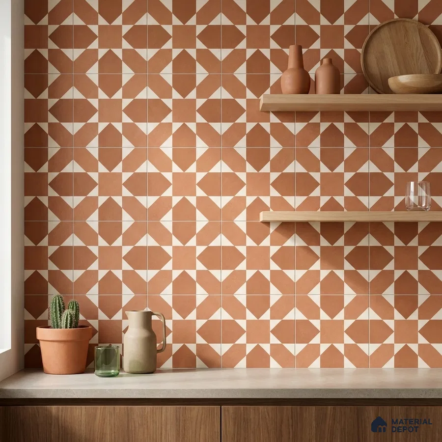 Mediterranean Kitchen with Terracotta and Cream Geometric Patterned Backsplash Tile