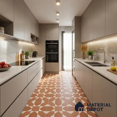 Modern Kitchen with Terracotta and Cream Geometric Patterned Floor Tile