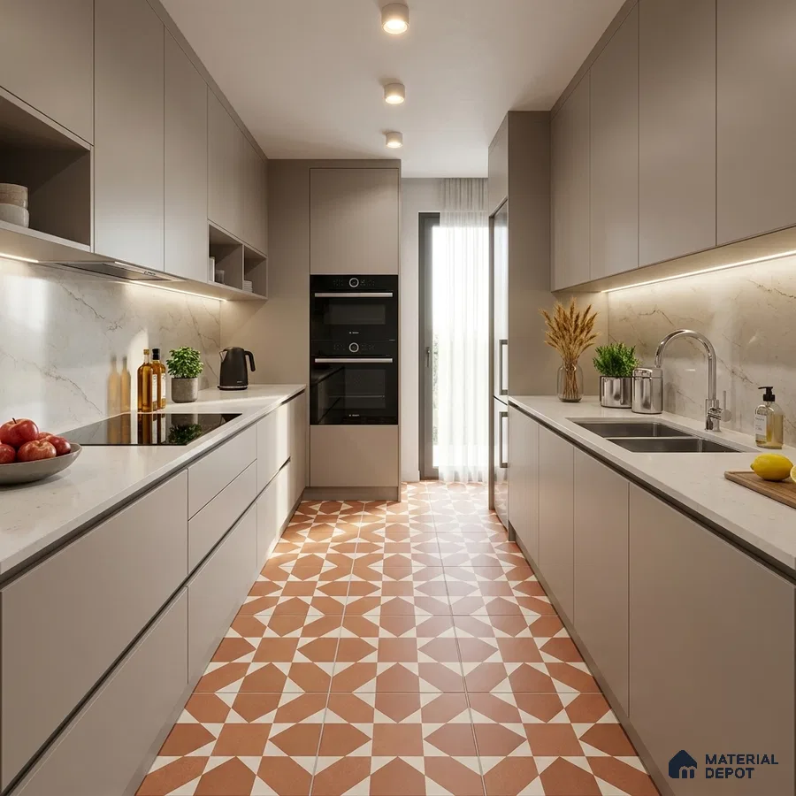 Modern Kitchen with Terracotta and Cream Geometric Patterned Floor Tile