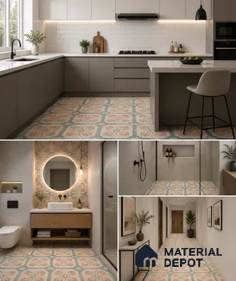 Modern Kitchen with Cream and Blue Floral Motif Patterned Floor Tile