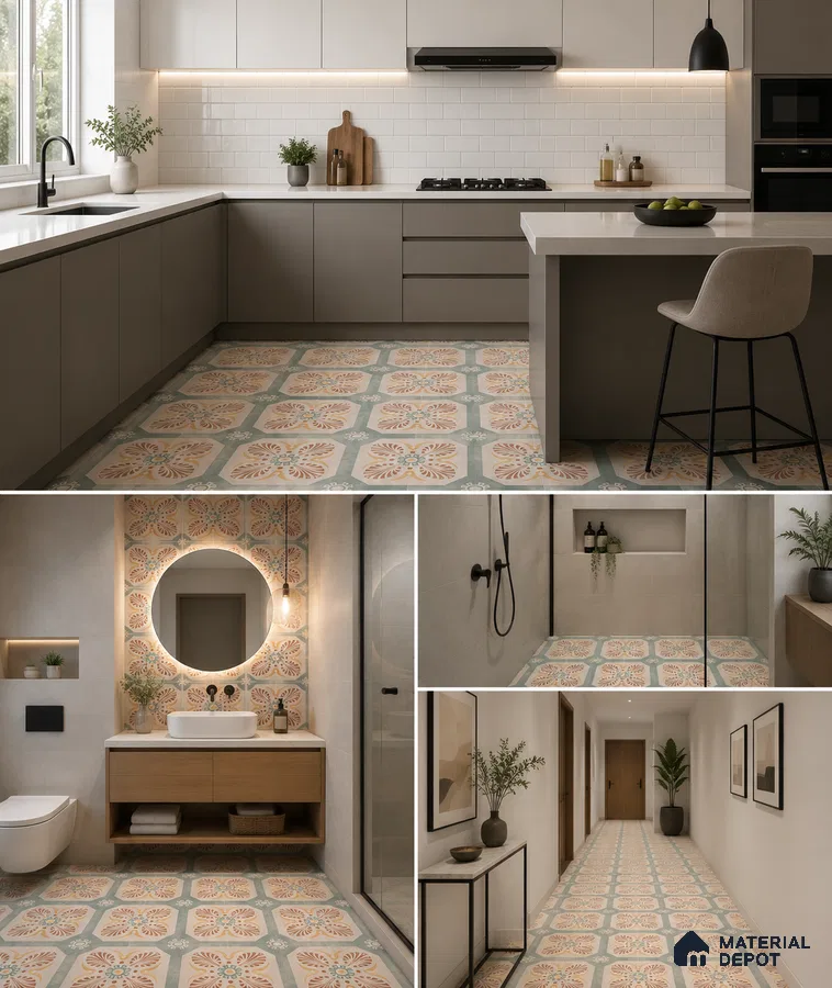 Modern Kitchen with Cream and Blue Floral Motif Patterned Floor Tile