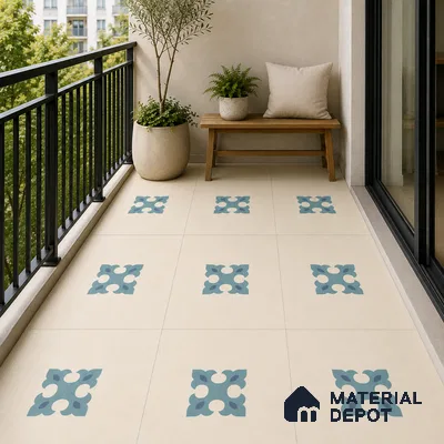 Modern Balcony with Cream and Blue Floral Motif Patterned Floor Tile