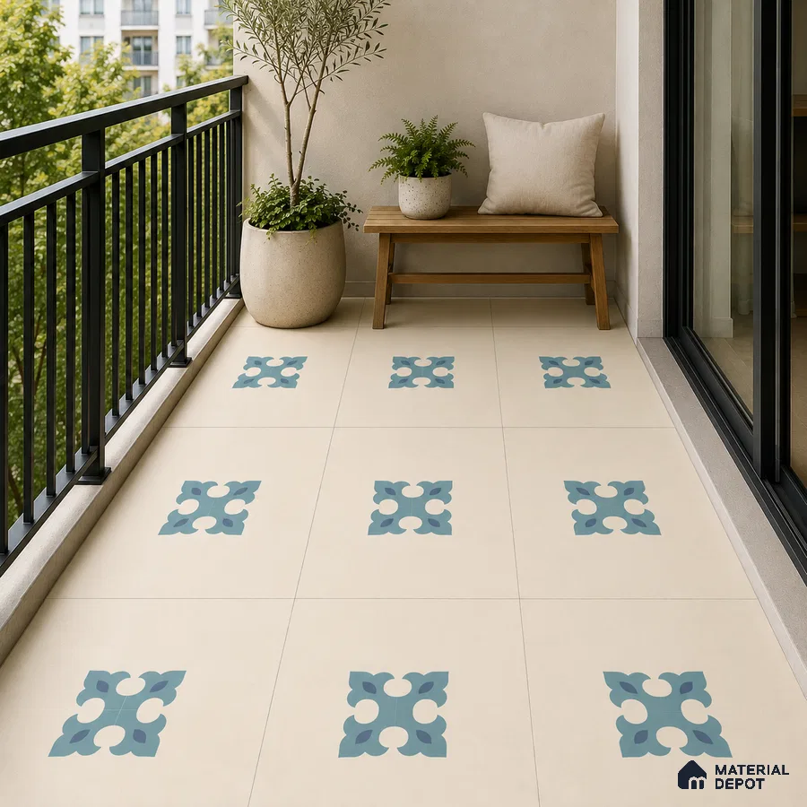 Modern Balcony with Cream and Blue Floral Motif Patterned Floor Tile