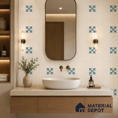 Modern Bathroom with Cream and Blue Floral Motif Patterned Tile and Oak Vanity