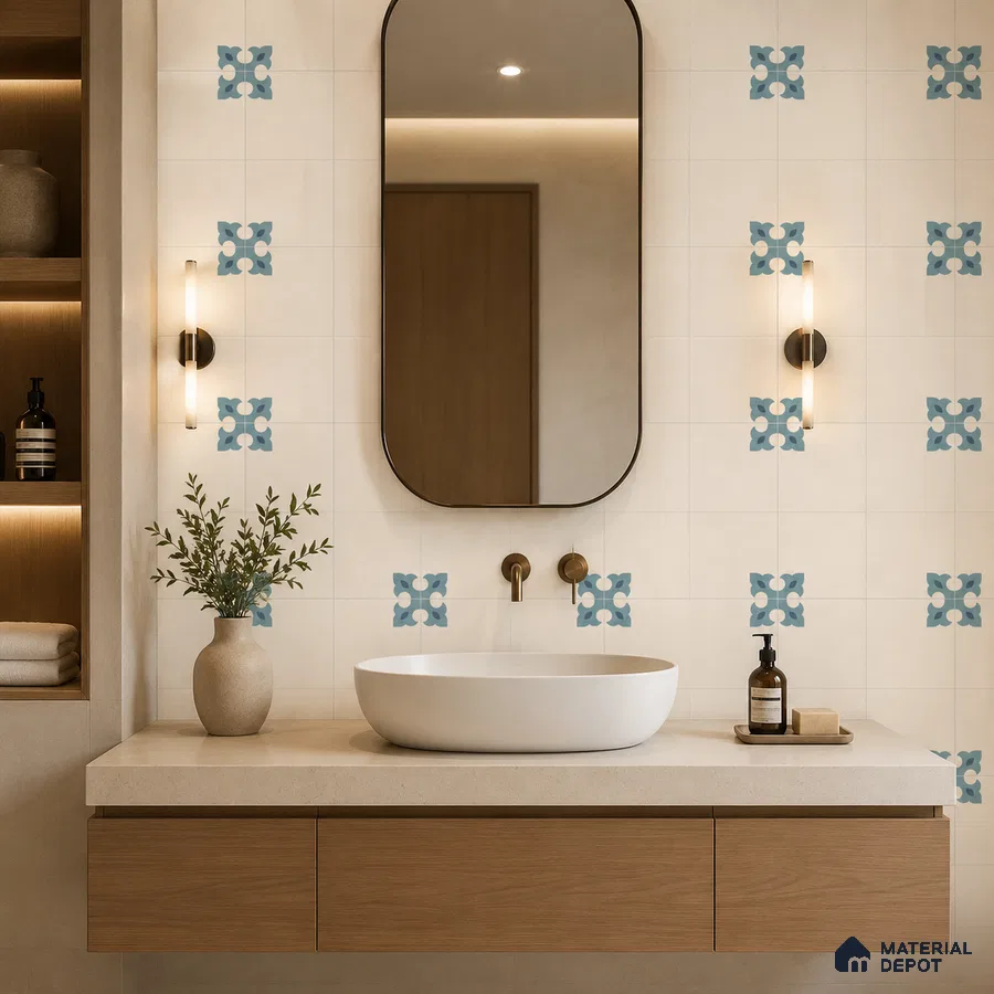 Modern Bathroom with Cream and Blue Floral Motif Patterned Tile and Oak Vanity