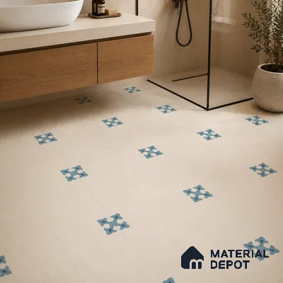 Modern Bathroom with Cream and Blue Floral Motif Patterned Floor Tile