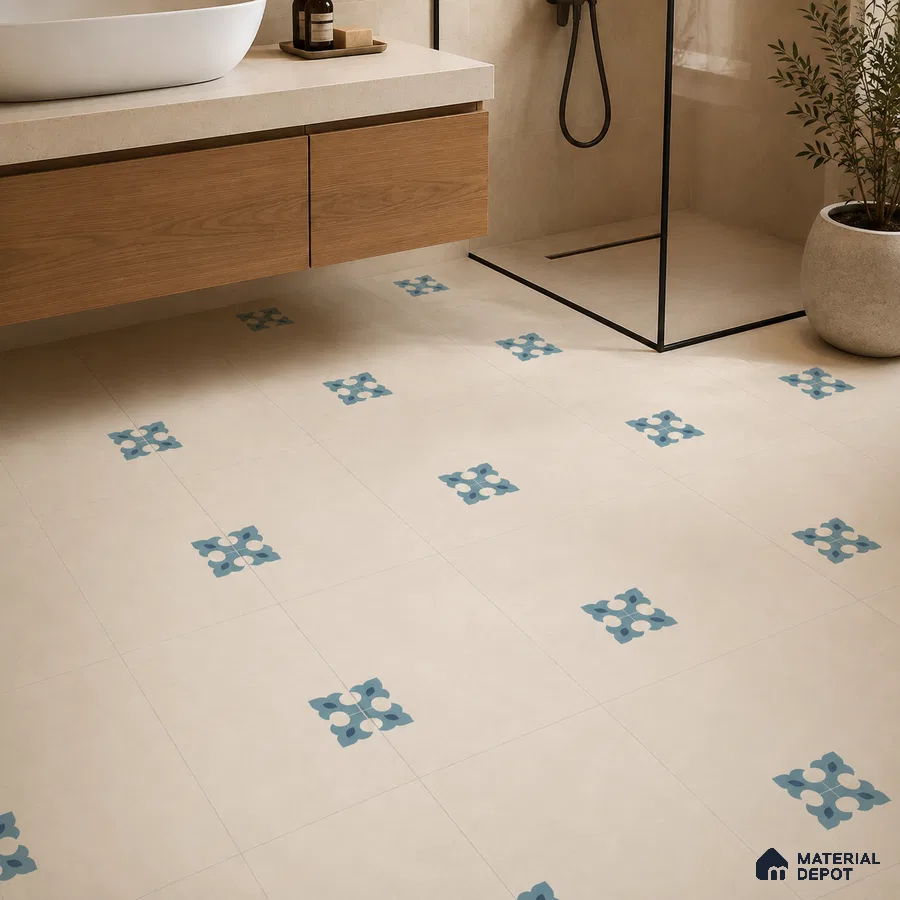 Modern Bathroom with Cream and Blue Floral Motif Patterned Floor Tile