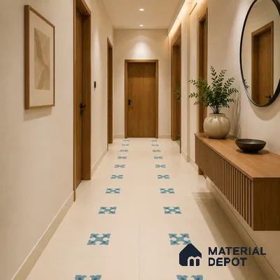 Modern Foyer with Cream and Blue Floral Motif Patterned Floor Tile