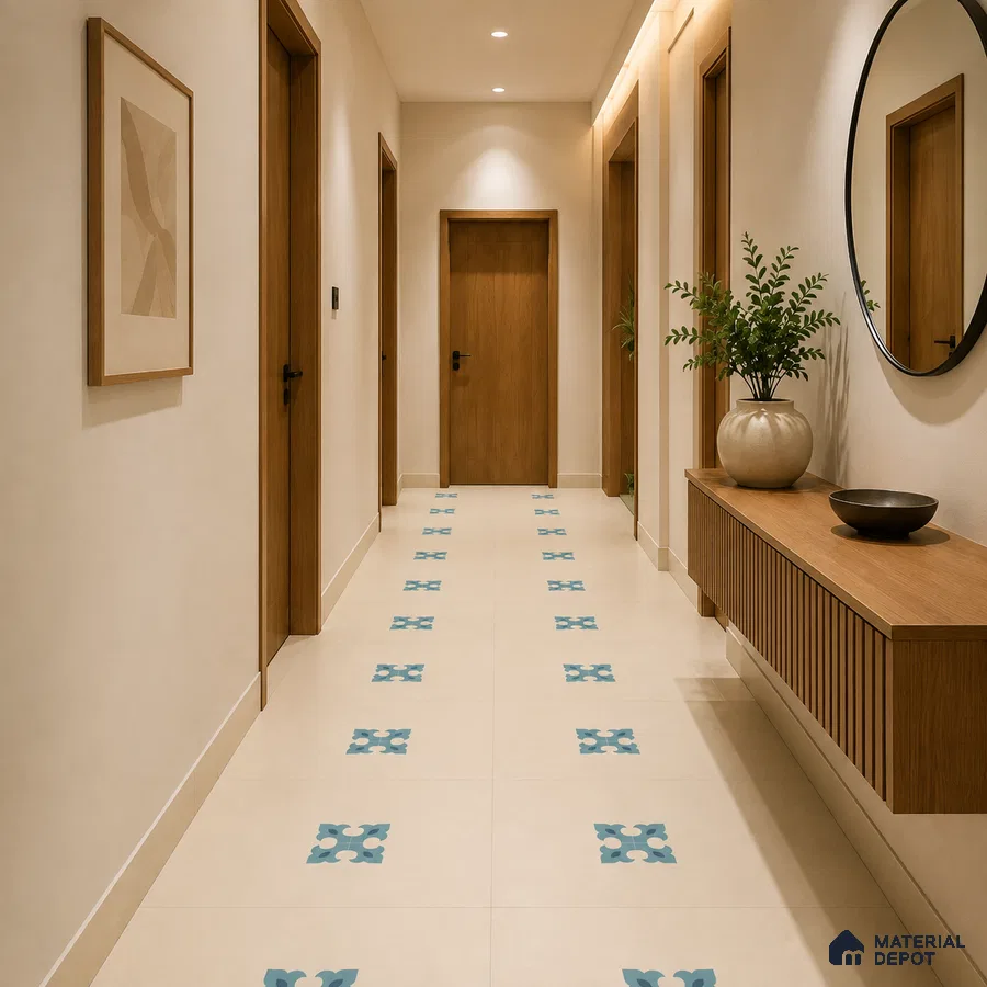 Modern Foyer with Cream and Blue Floral Motif Patterned Floor Tile