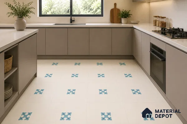Modern Kitchen with Cream and Blue Floral Motif Patterned Floor Tile