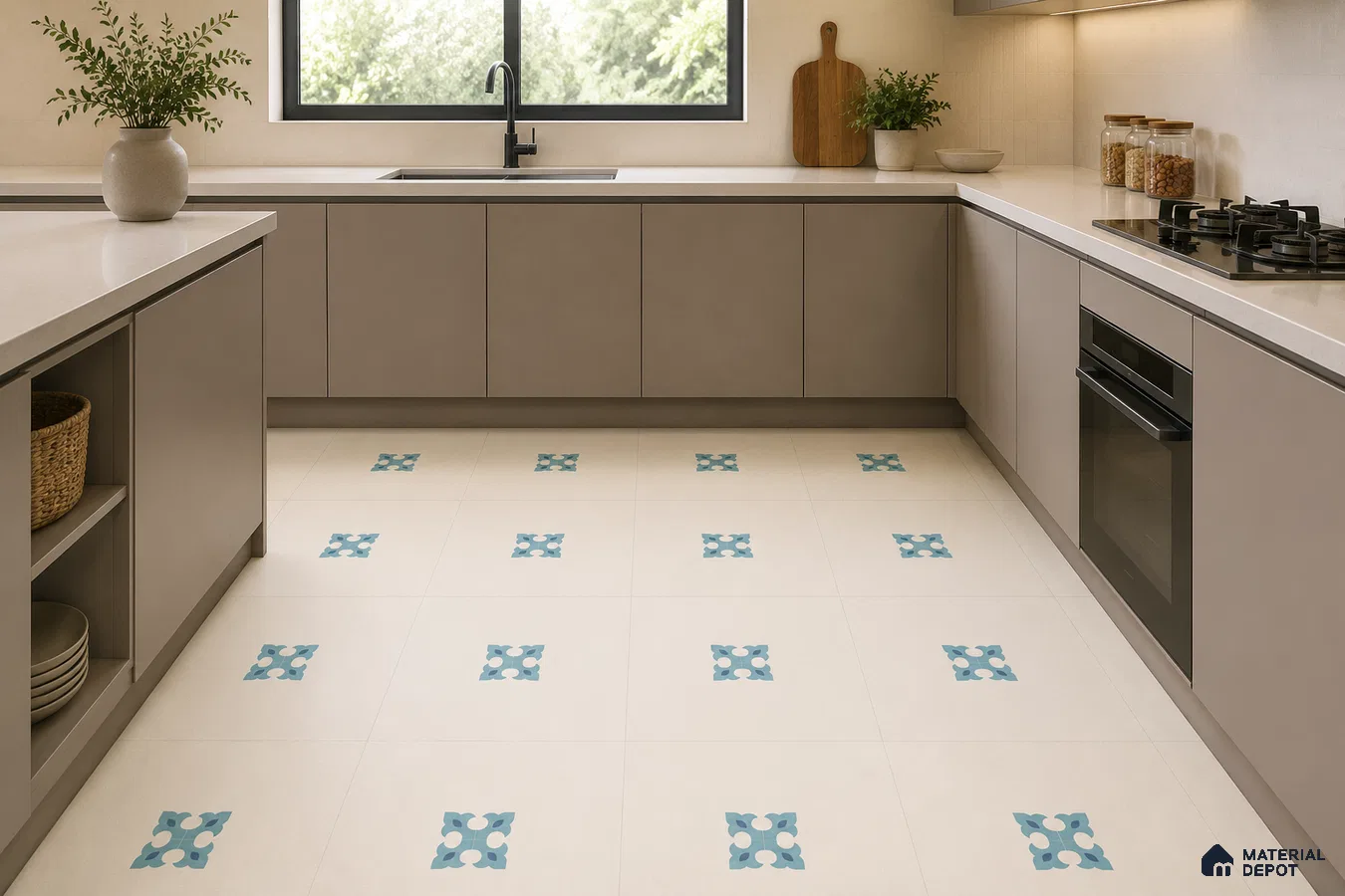 Modern Kitchen with Cream and Blue Floral Motif Patterned Floor Tile