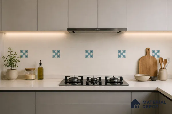 Modern Kitchen with Cream and Blue Floral Motif Patterned Backsplash Tile