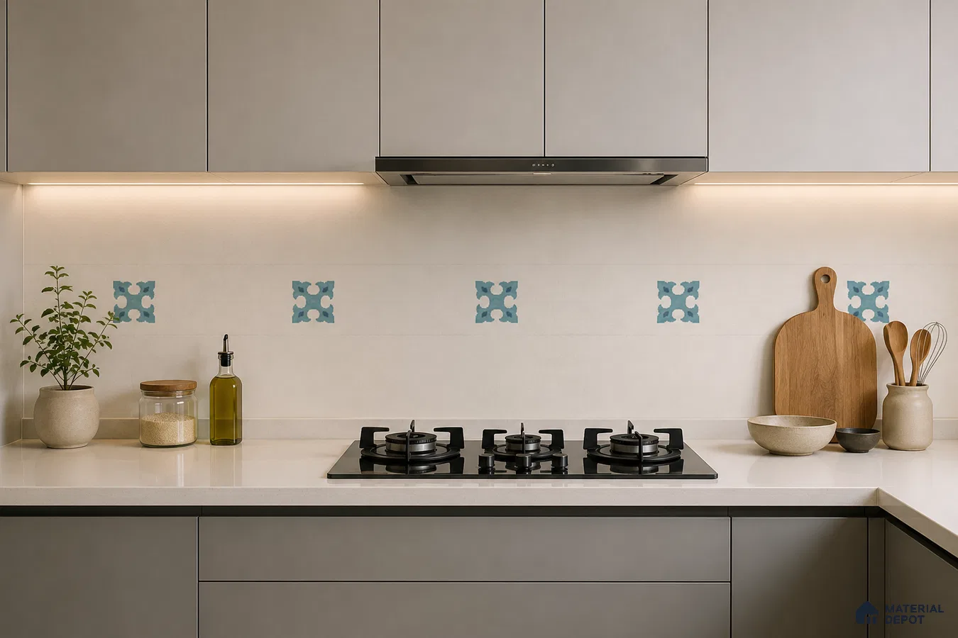 Modern Kitchen with Cream and Blue Floral Motif Patterned Backsplash Tile