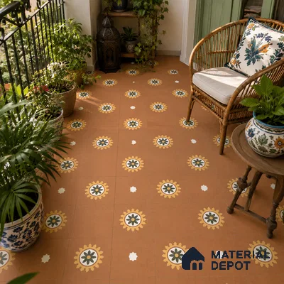 Bohemian Balcony with Terracotta Sunburst Floral Patterned Floor Tile