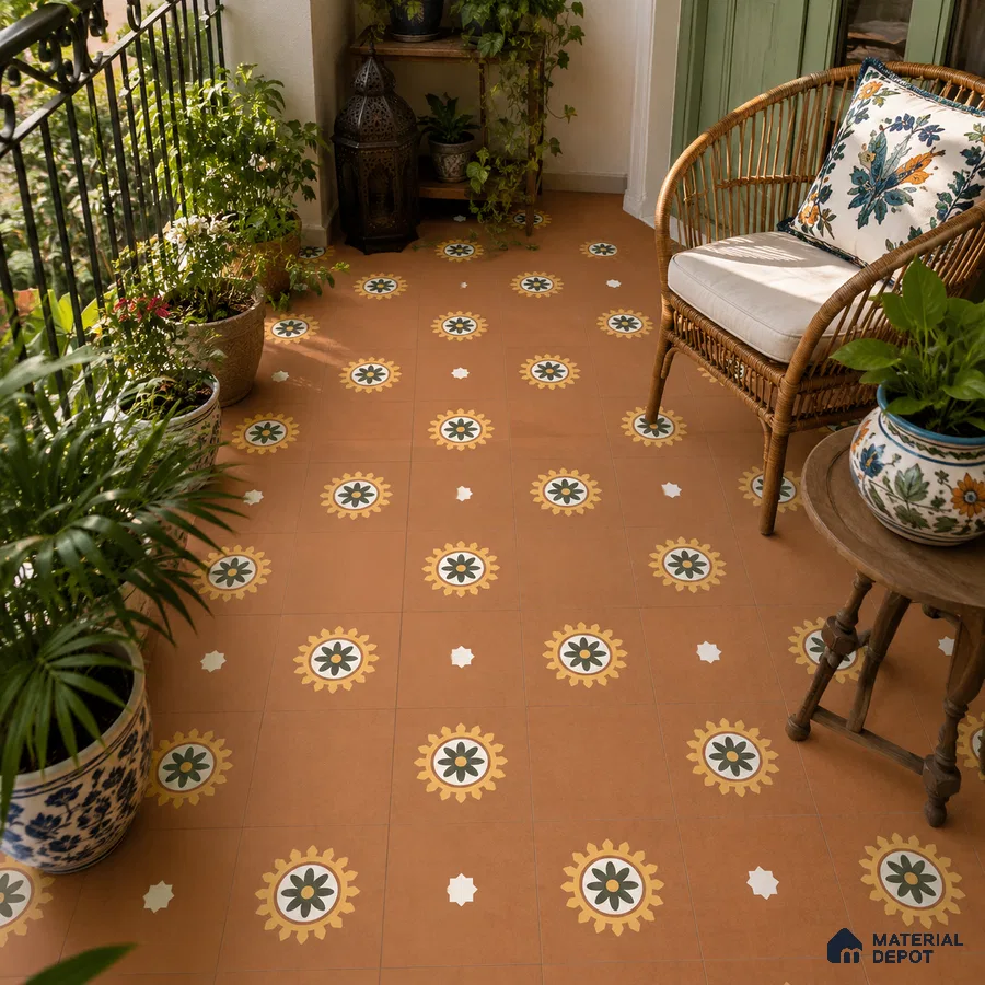 Bohemian Balcony with Terracotta Sunburst Floral Patterned Floor Tile