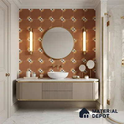Mediterranean Bathroom with Terracotta Sunburst Floral Patterned Tile and Brass Fixtures