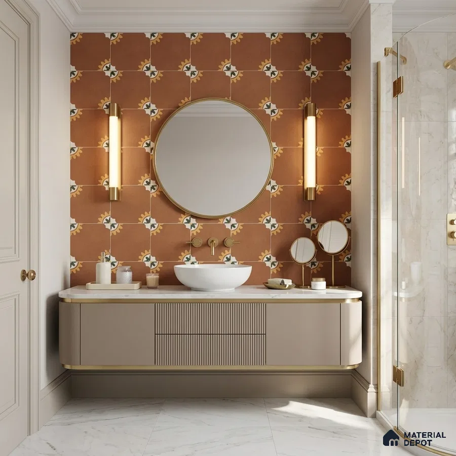 Mediterranean Bathroom with Terracotta Sunburst Floral Patterned Tile and Brass Fixtures