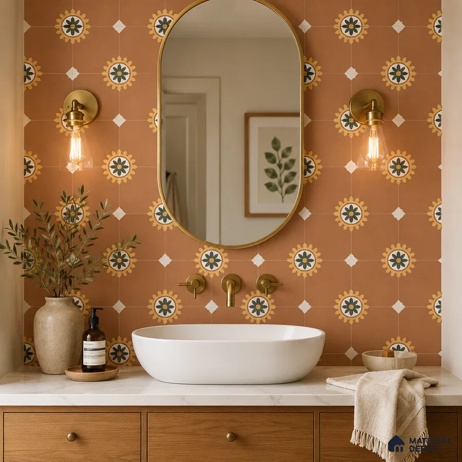 Bohemian Bathroom with Terracotta Sunburst Floral Patterned Tile and Oak Vanity