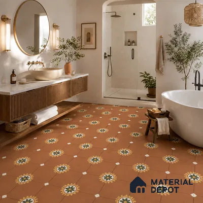 Mediterranean Bathroom with Terracotta Sunburst Floral Patterned Floor Tile and Oak Vanity