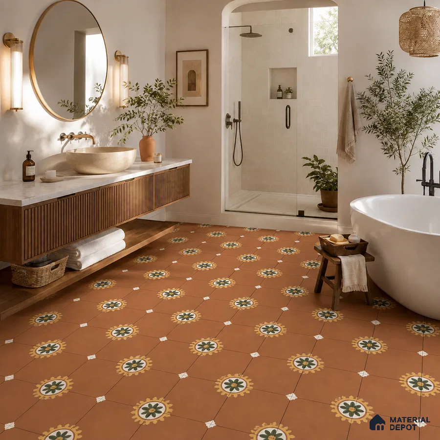 Mediterranean Bathroom with Terracotta Sunburst Floral Patterned Floor Tile and Oak Vanity