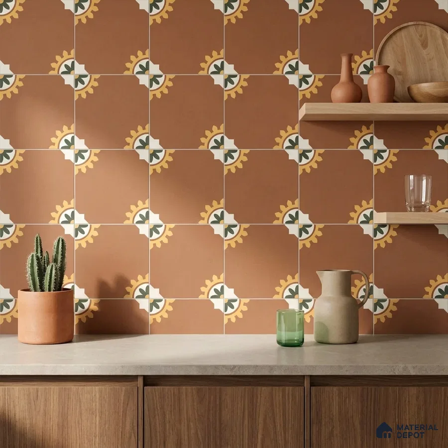 Mediterranean Kitchen with Terracotta Brown Moroccan Sunburst Backsplash Tile and Walnut Cabinets