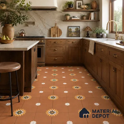 Mediterranean Kitchen with Terracotta Brown Moroccan Floral Floor Tile and Walnut Cabinets
