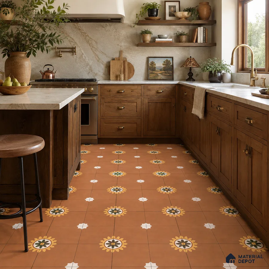 Mediterranean Kitchen with Terracotta Brown Moroccan Floral Floor Tile and Walnut Cabinets