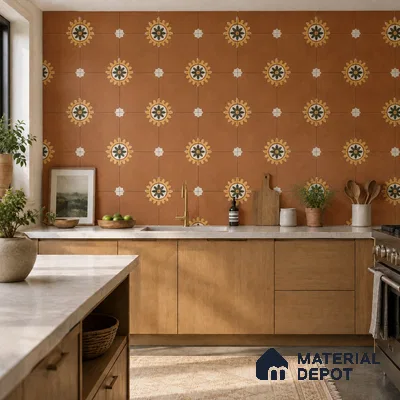 Mediterranean Kitchen with Terracotta Brown Moroccan Medallion Backsplash Tile and Oak Cabinets