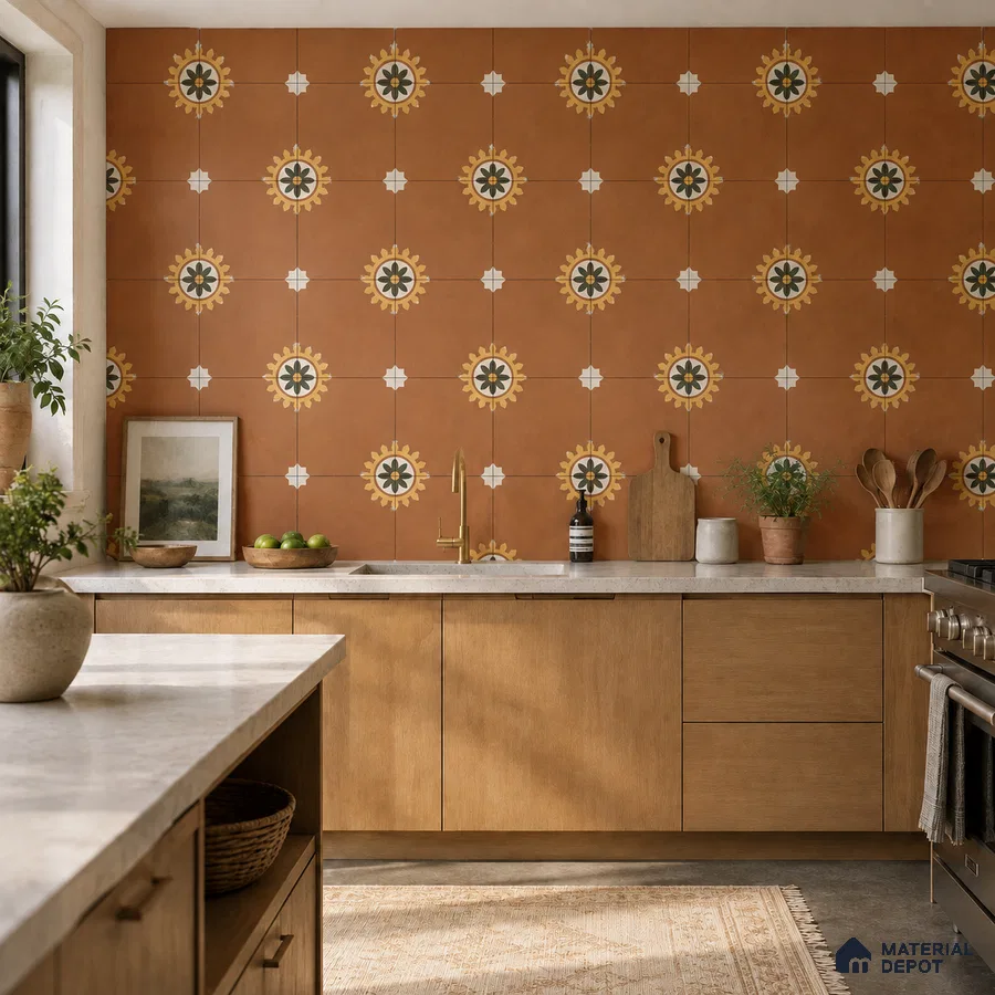 Mediterranean Kitchen with Terracotta Brown Moroccan Medallion Backsplash Tile and Oak Cabinets