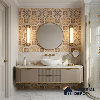 Modern Bathroom with Beige and Ochre Moroccan Pattern Wall Tile and Round Mirror