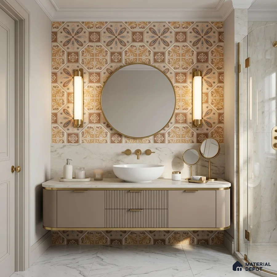 Modern Bathroom with Beige and Ochre Moroccan Pattern Wall Tile and Round Mirror