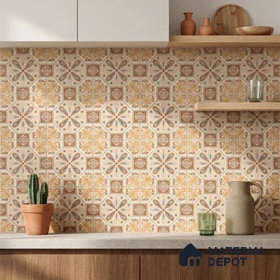 Mediterranean Kitchen with Beige and Ochre Moroccan Pattern Backsplash Tile
