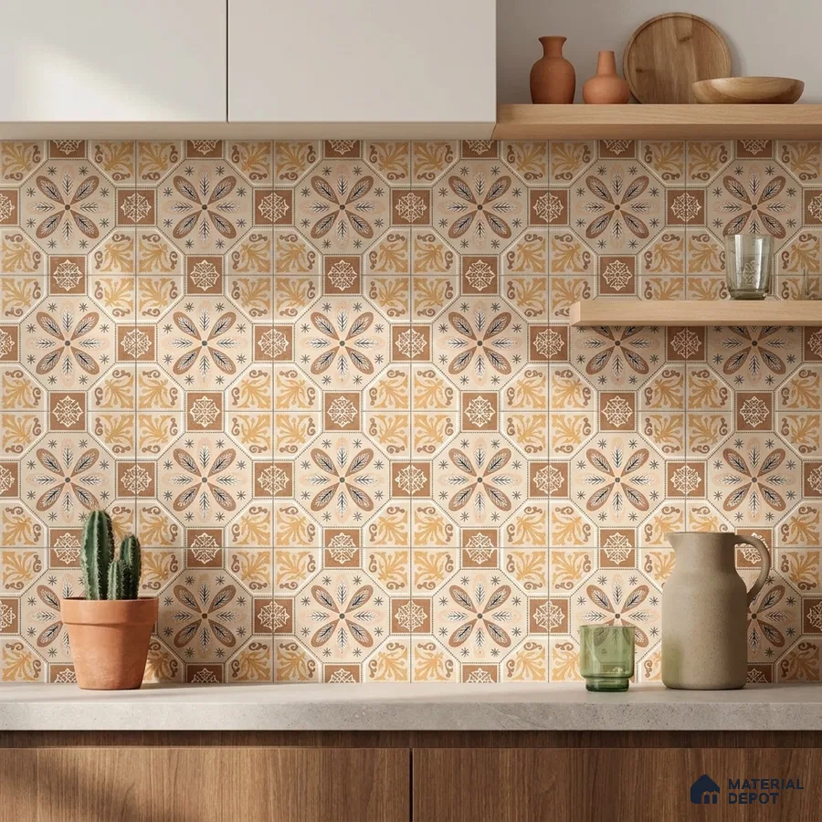 Mediterranean Kitchen with Beige and Ochre Moroccan Pattern Backsplash Tile